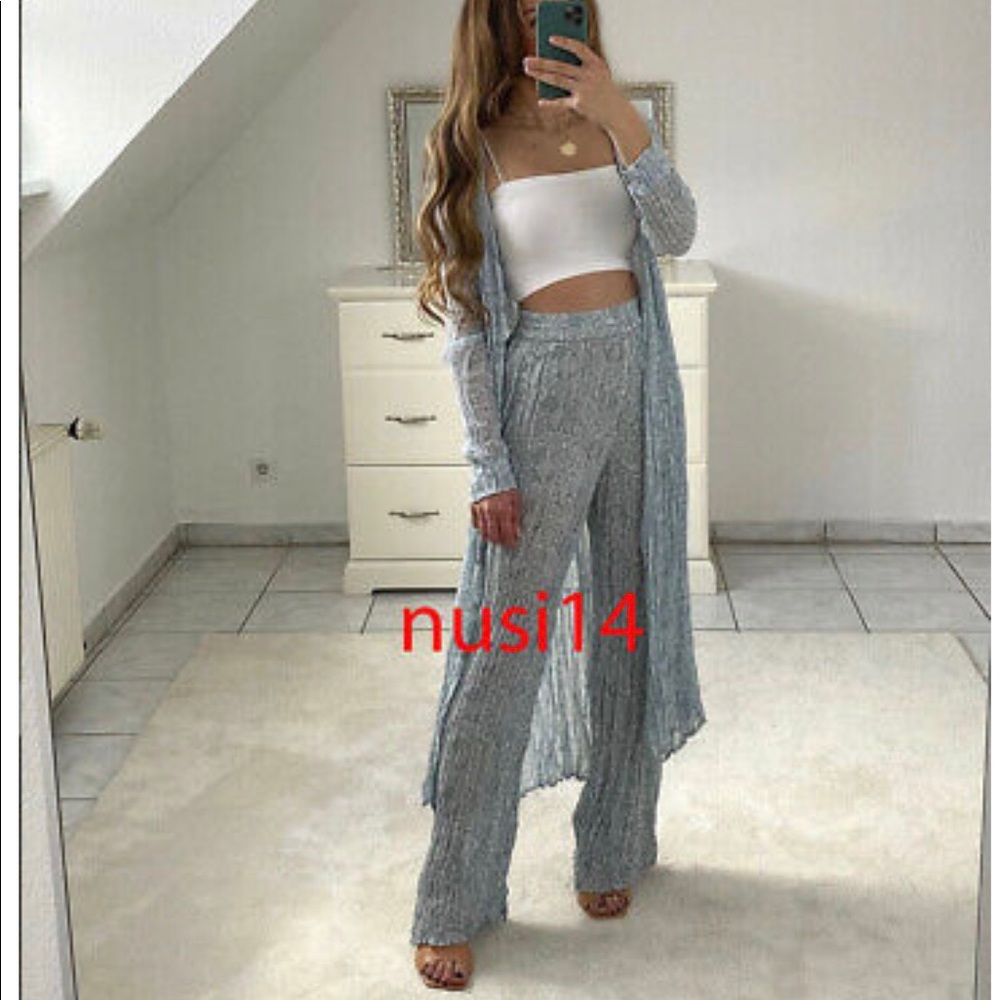 Zara WRINKLE-LOOK Semi-Sheer HIGH WAIST PANTS w/ Elastic Waist BLUE/WHITE NEW
